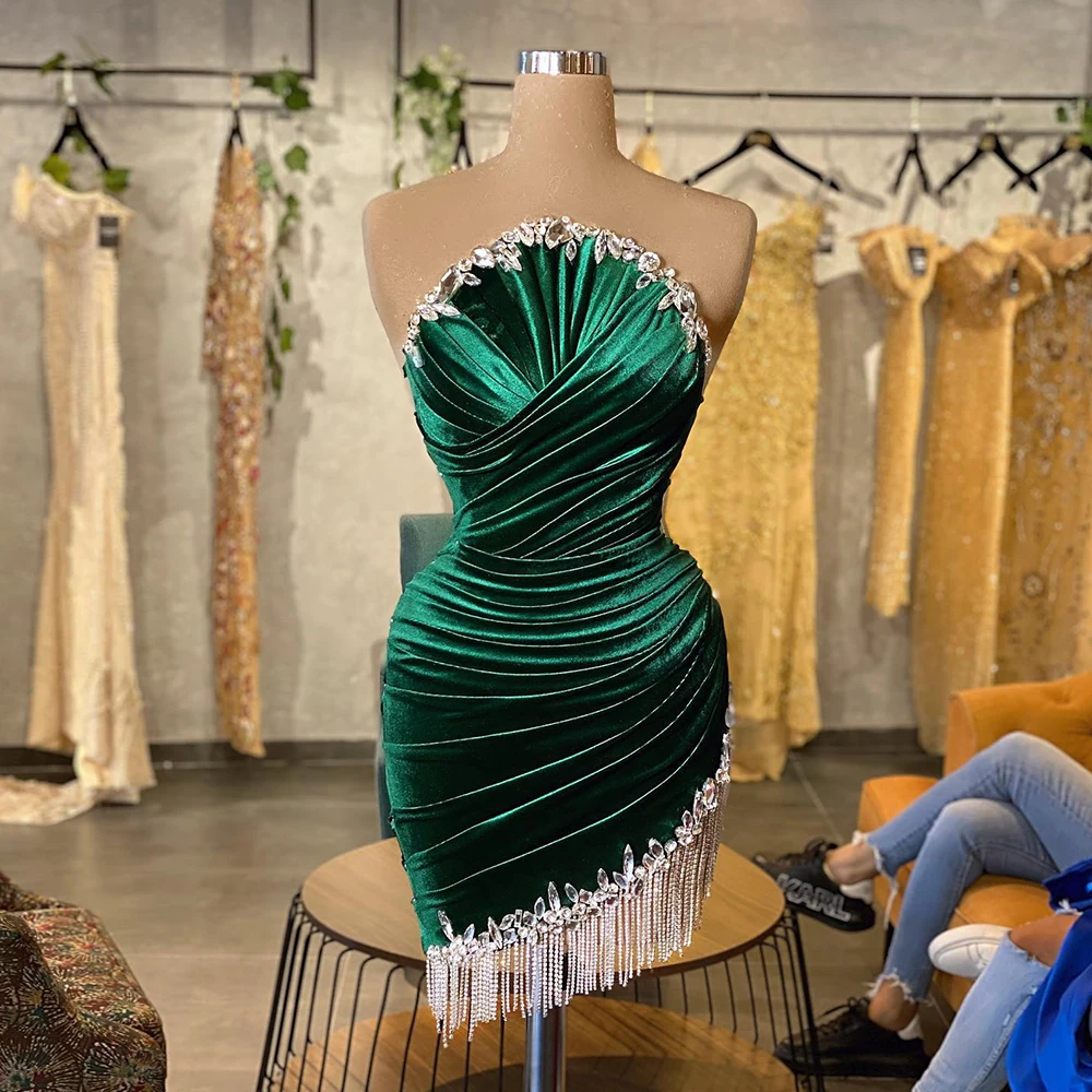 

Велюровые коктейльные платья 2022, вечернее мини-платье без бретелек с бисером и кристаллами, зеленое короткое элегантное платье с бахромой, женское платье для свадебной вечеринки