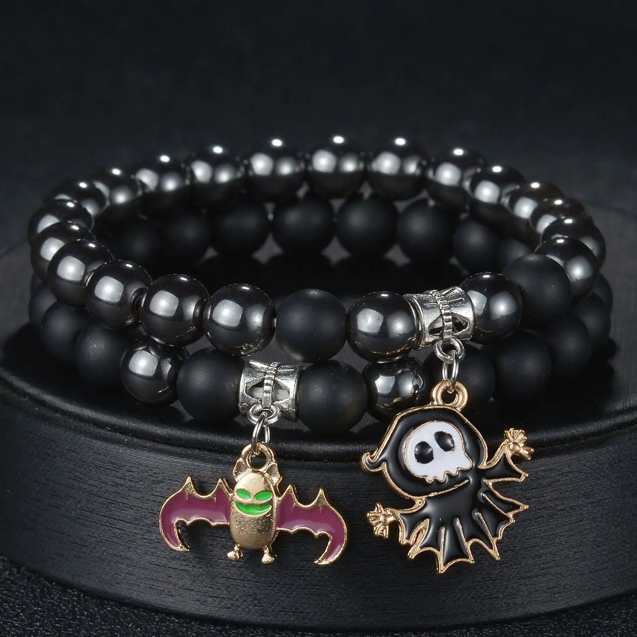 2 шт./набор, черные браслеты с бусинами