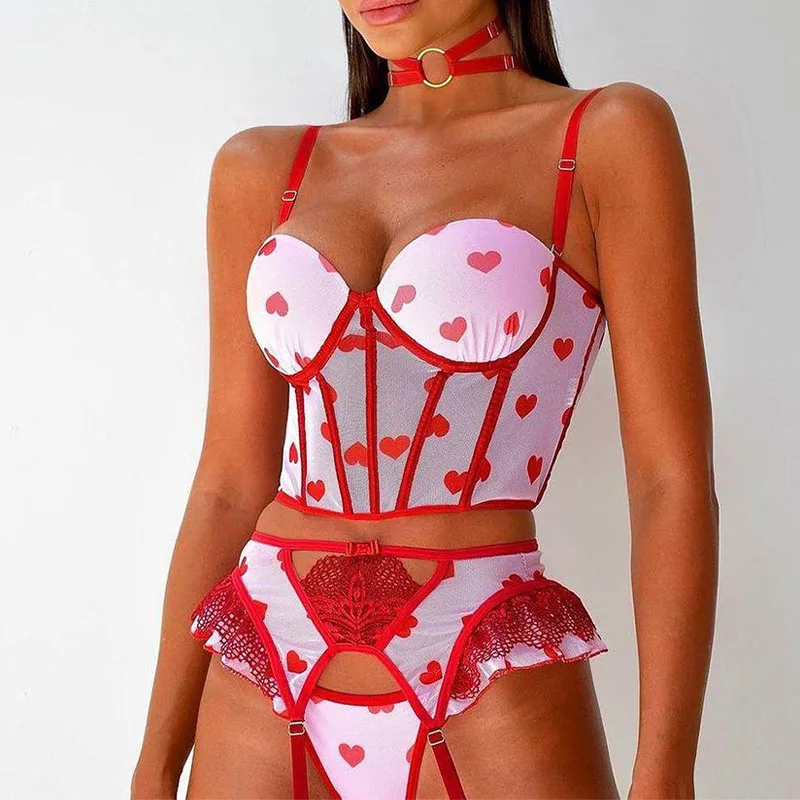 

Комплект нижнего белья, привлекательное нижнее белье, комплект из 3 предметов, бюстгальтер в форме сердца из тяжелых рыбьих костей и трусики...