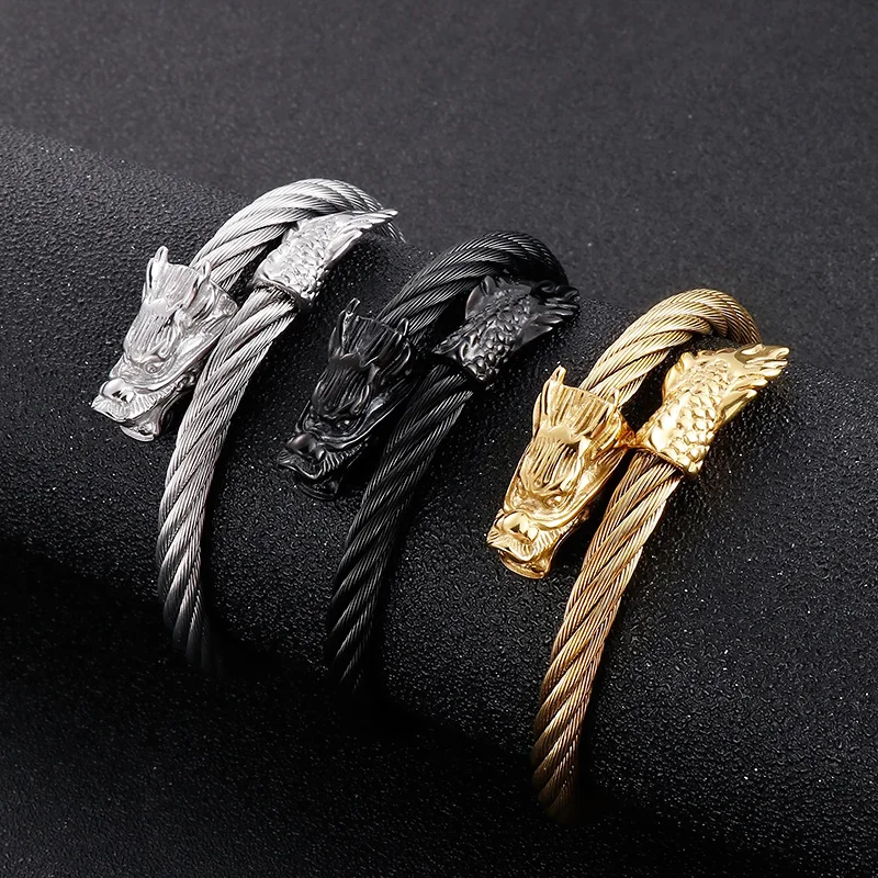 

Fongten Punk Dragon Open Bracelets For Men Stainless Steel Twist Cable Black Gold Silver Color Wrist Men Bangles Hip Hop Jewelry