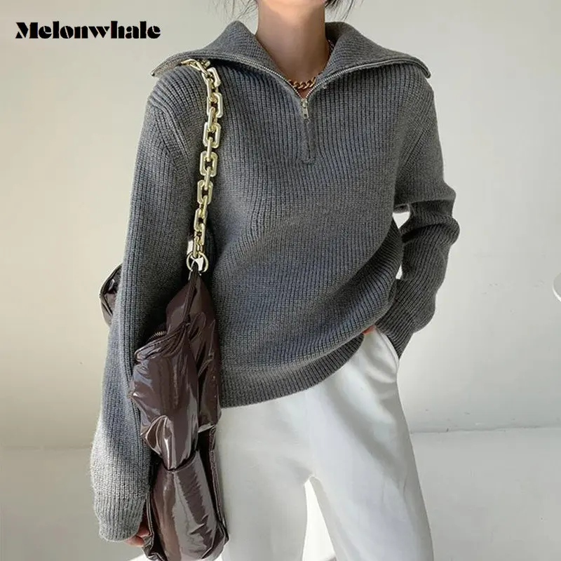 

Женский вязаный свитер в рубчик, свободный однотонный пуловер оверсайз с высоким воротником и длинным рукавом, повседневный джемпер на мол...