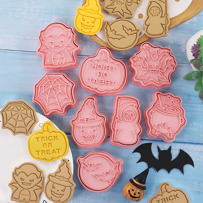8pcs Halloween Cookie Cutters Set Pumpkin Ghost Witch bat Fondant Stamp 3D Cartoon Pressable Baking Mold Cake Decorating Tool
