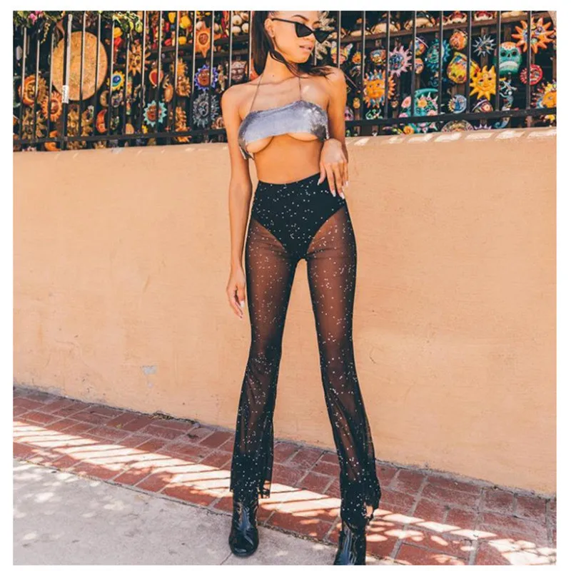

2022 Summer New Outdoor Mesh Flared Pants Transparent Sequins Sunscreen Breathable All-Match Beach Pants Women's Casual Trousers