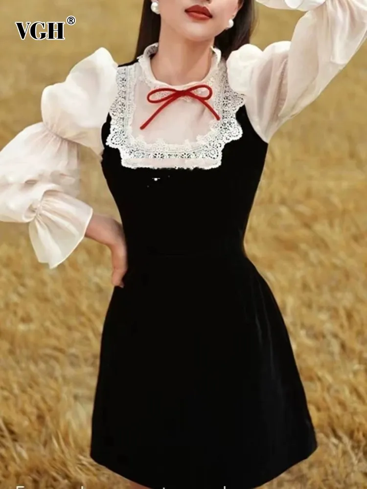 

VGH Patchwork Mesh Colorblock Elegant Dress For Women Stand Collar Puff Sleeve High Waist Bow A Line Dresses Female Fashion New