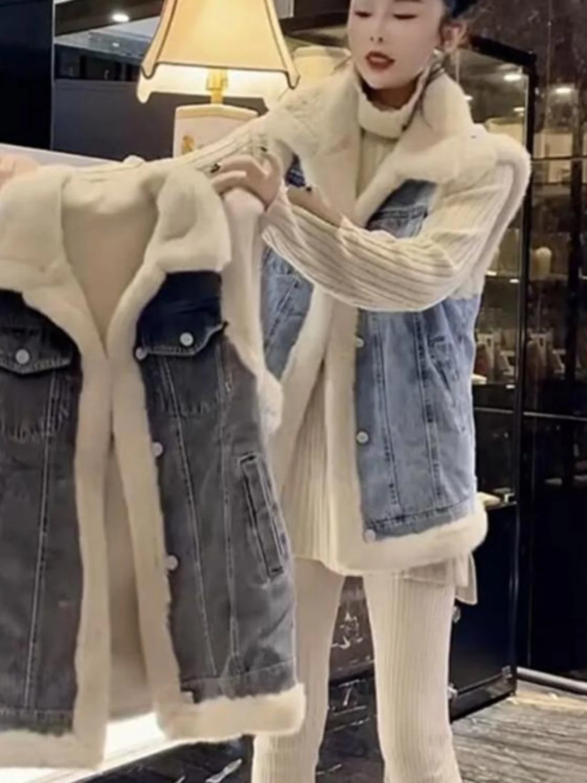 Лоскутный джинсовый жилет из овечьей шерсти с лацканами женский осенне-зимний