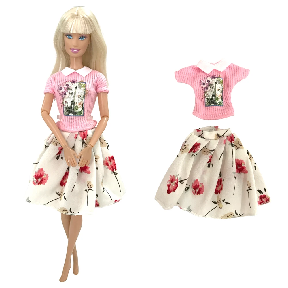 

NK Official 1 Pcs Dress Pink Fashion Shirt + White Flower Pattern Skirt for Barbie Blyth 1/6 FR SD BJD Doll Clothes Accessories
