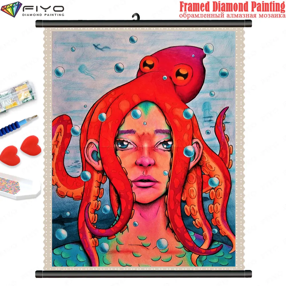 

Алмазная живопись 5D «сделай сам», осьминог, девушка, бриллиантовая вышивка с рамкой, наборы для вышивки крестиком, домашний декор, рукоделие