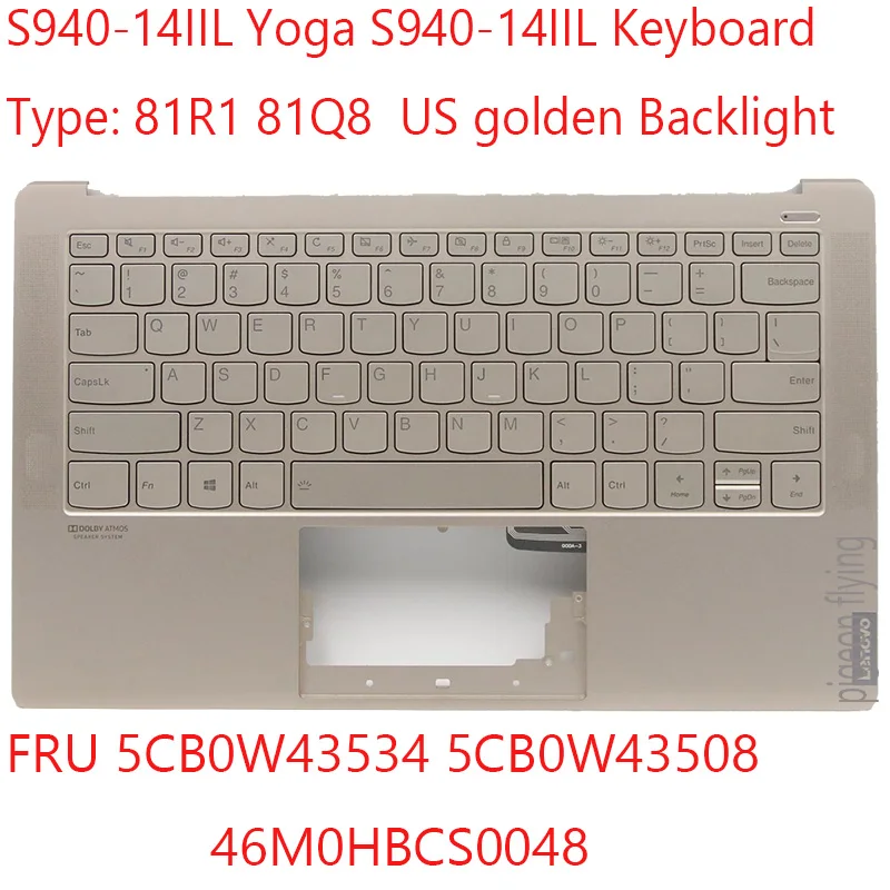 S940-14 Keyboard 5CB0W43534 5CB0W43508 46M0HBCS0048 For Lenovo Yoga S940-14IIL Laptop S940-14IIL Laptop 81R1 81Q8  US golden