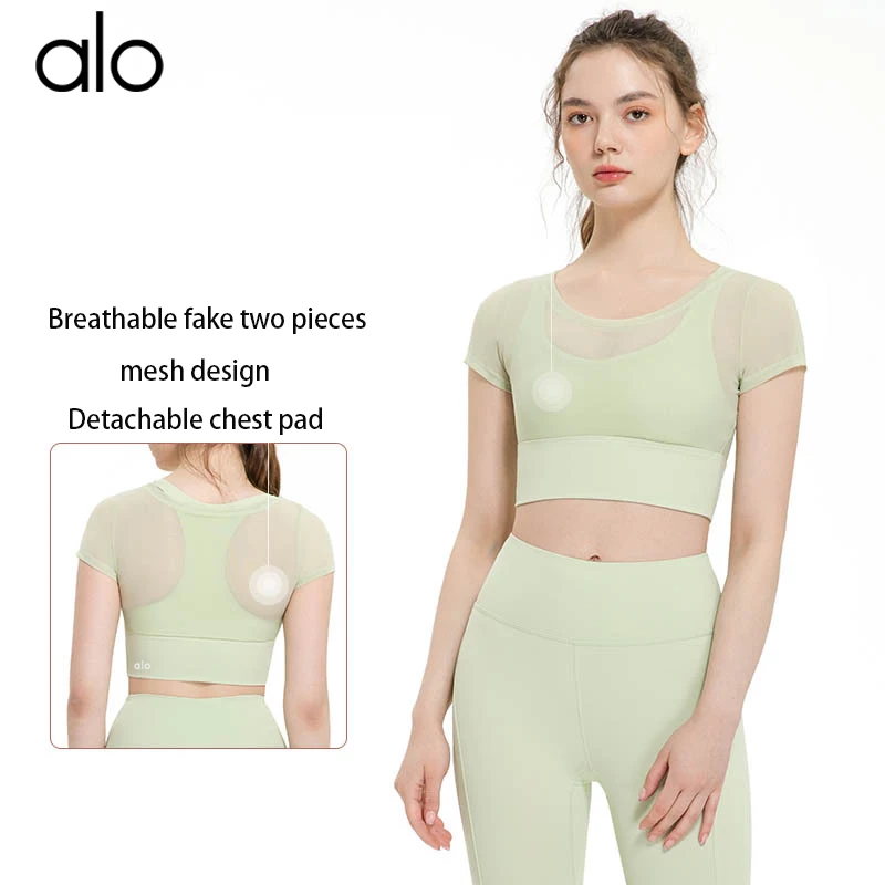 

Alo Yoga Ladies Fake Two-Piece Breathable Sports Underwear Shockproof Belt Chest Pad Tight Yoga Clothes Top Fitness Training Bra