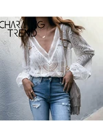 chic hollow women blouse 2022 spring summer deep v sexy lace long sleeved top elegant female vacation see through top