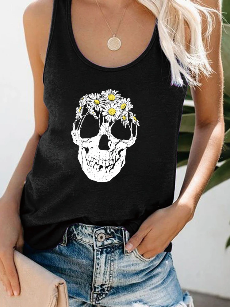 

2022 New Casual Women Tank Tops Skull Flower Print Funny Summer Tank Tops 90's Girls Haut Femme Tee Shirt Tops for Women Clothes