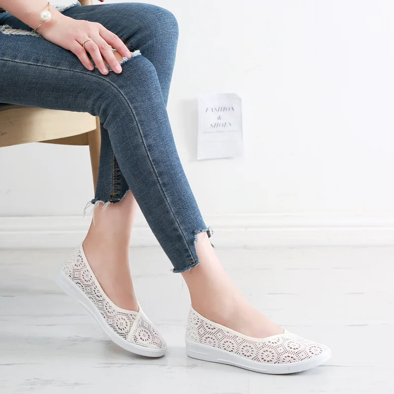 

Summer Casual Flats Shoes Woman Hollow Outs Breathable White Lace Work Shoes Fisherman's Shoes Flat Bottom Cloth Shoe Loafers