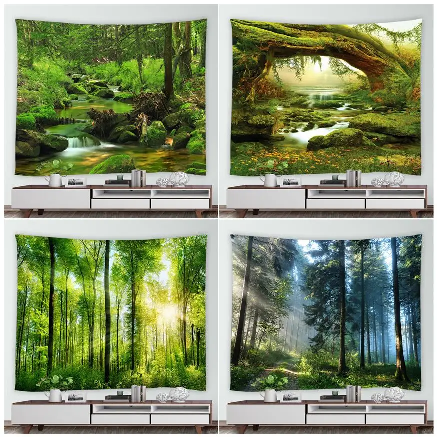 Home Decoration Country Nature Landscape Wall Hanging Fog Tree Waterfall Landscape Tapestry Mural Green Forest Tapestry 230x180