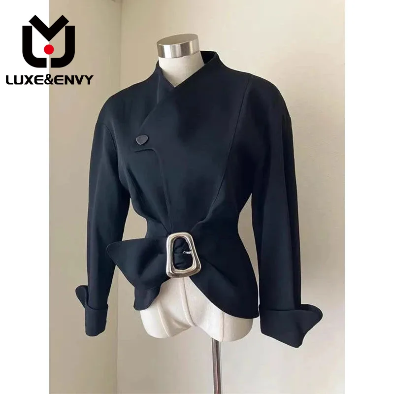 

Роскошный & ENVY Европейский Винтажный маленький аромат французский пояс куртка дизайн чувственный черный тонкий Топ для женщин 2023 осень