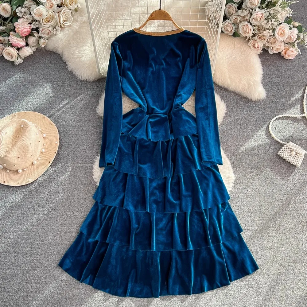 Женское бархатное платье с V-образным вырезом длинным рукавом