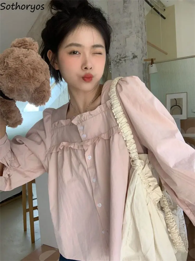 

Женские рубашки с квадратным вырезом, повседневные модные однотонные универсальные простые нежные элегантные рубашки с длинным рукавом в Корейском стиле для весны