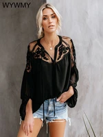 lace embroidery mesh patchwork chiffon blouses women shirt casual long sleeve tops summer sexy loose tops shirts female blusas