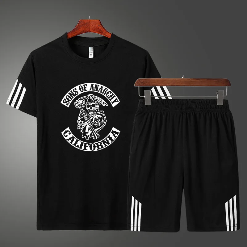 

Футболка мужская с принтом черепа, хлопок, короткий рукав и шорты, повседневный комплект из двух предметов, SOA Sons of анархия, на лето