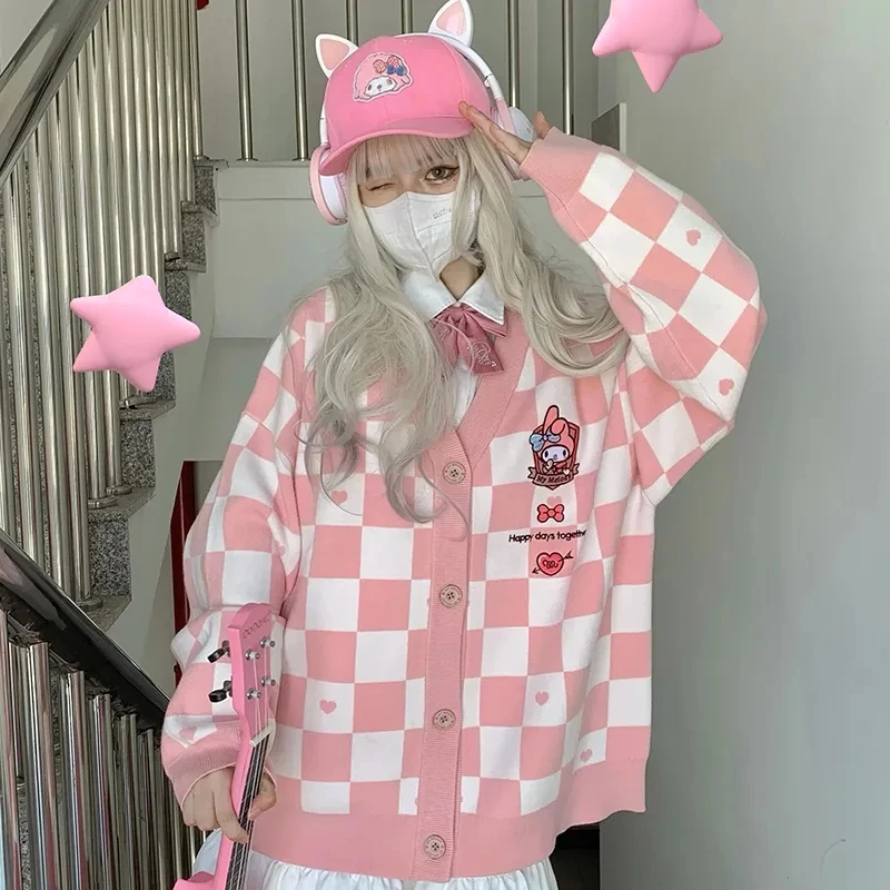 

Girl Kawaii Plaid Pink Cardigan Sweater Top Women Vintage Collar Loose Knitted Sweater Korean Fashion Harajuku Streetwear
