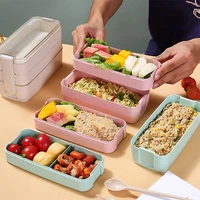 3 layer wheat straw lunch box microwave heating japanese bento box with fork spoon food container for kids student office worker