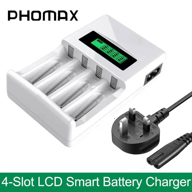 

PHOMAX 4 Slots Smart Battery Charger LCD Display US/EU/UK Plug for AA/AAA Ni-MH/Ni-Cd Rechargeable Batteries Charge Durable