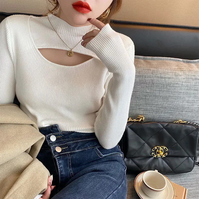 

Hollow Out Black Sweater Women 2022 Autumn Winter Women Clothes Slim Turtleneck Pullovers Woman Long Sleeve Korean Knitted Tops