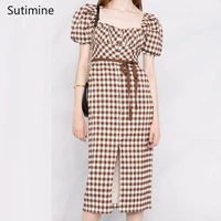 summer dress lady style retro square neck bubble sleeve lace up waist thin medium length skirt short sleeve plaid dress