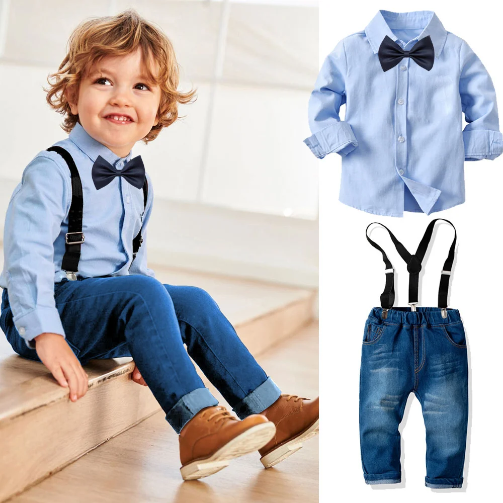 

2pcs Kids Boy Clothes Set Cotton Baby Boy Clothing Blue Shirt+Suspender Pants Gentleman Boys Clothing Birthday Party Kids Outfit