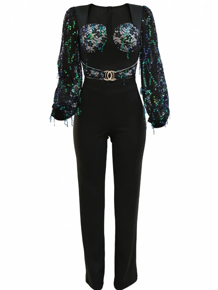 Znaiml Sparkle Sequin Black Mesh Lantern Long Sleeve Wide Leg Jumpsuits Women Rompers Glitter Birthday Nightclub Outfit Overalls