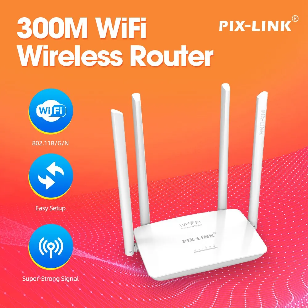 Фото Беспроводной Wifi роутер PIXLINK WR08 с 4 антеннами с высоким коэффициентом усиления 300 Мбит/с 5 портами RJ45 802.11N простая настройка для дома белого цвета №1