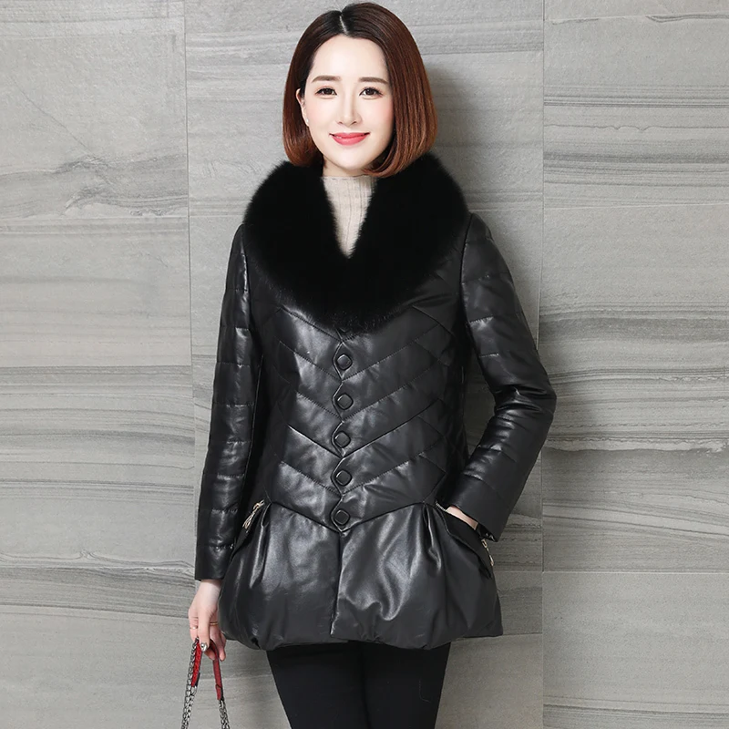 

2023 Genuine Sheepskin Jacket Fox Fur Collar Down Coats Warm Leather Jackets for Women Winter Coat Korean Veste En Cuir Femme