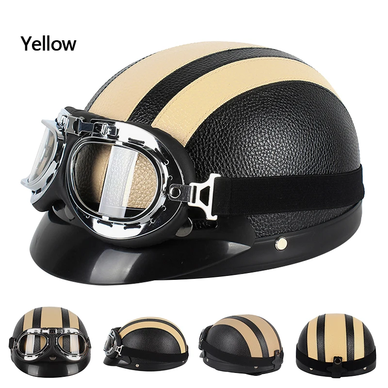 

Hot Sale Vintage Brown Synthetic Leather Motorcycle Vespa Motorbike Open Face Half Motor Scooter Helmets Glasses