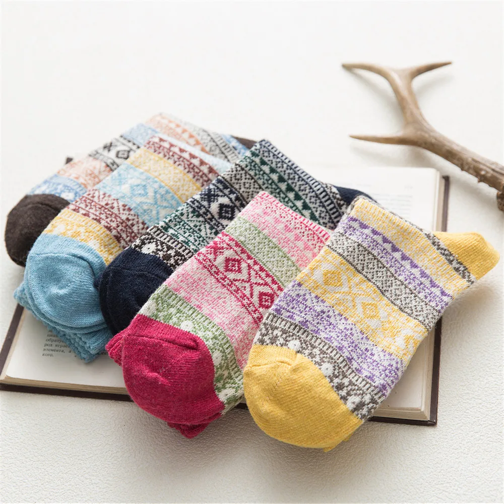 5 Pairs Winter Autumn Women Wool Socks Warmer Ethnic National Style Cashmere Thermal Thicken  Rhombus Women Socks