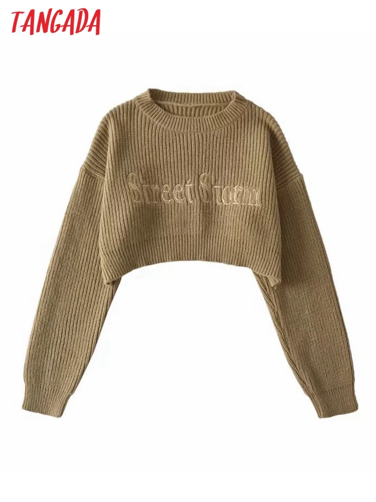 

Женский Укороченный трикотажный свитер с вышивкой Tangada 2022, джемпер с круглым вырезом, элегантные пуловеры оверсайз 2U23