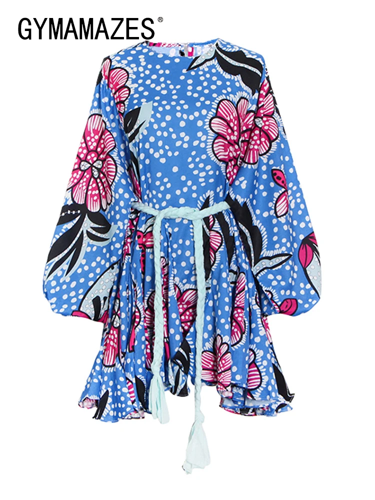 

GYMAMAZES Loose Mini Round Neck Long Sleeve Dress For Womens High Waist Print Color Block Dresses With Belt Female Spring 2022