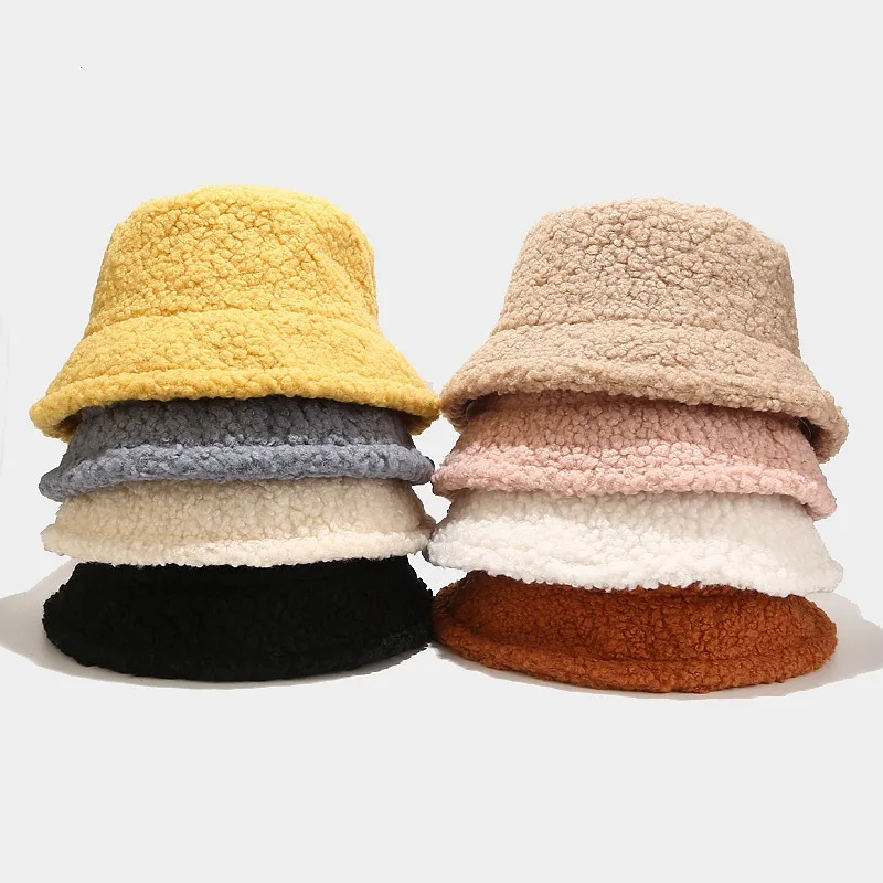 

Lamb Faux Fur Bucket Hat Winter Warm Velvet Hats Caps For Women Lady Outdoor Panama Fisherman Hat Female