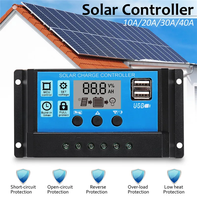 

10A/20A/30A/40A Solar Charger Controller 12V 24V Auto PWM Controllers LCD Display 5V Dual USB Output Controller Home Battery