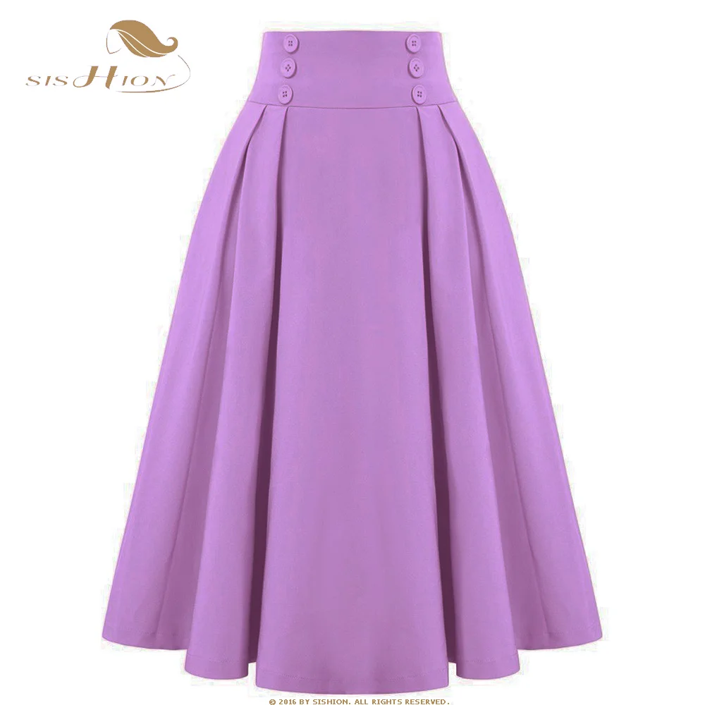 

SISHION 2023 Summer Elastic Waist Retro Vintage Skirt SS0037 Pleated Design Solid Color Flare Midi Purple Lilac Skirts for Women
