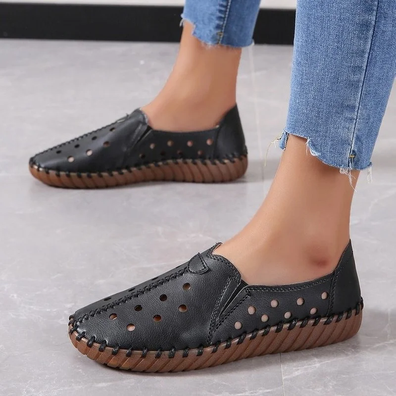 White Black Hollowed Moccasins for Women Genuine Leather Flats Breathable Loafers Shoes Women's Soft Casual Flat Shoes