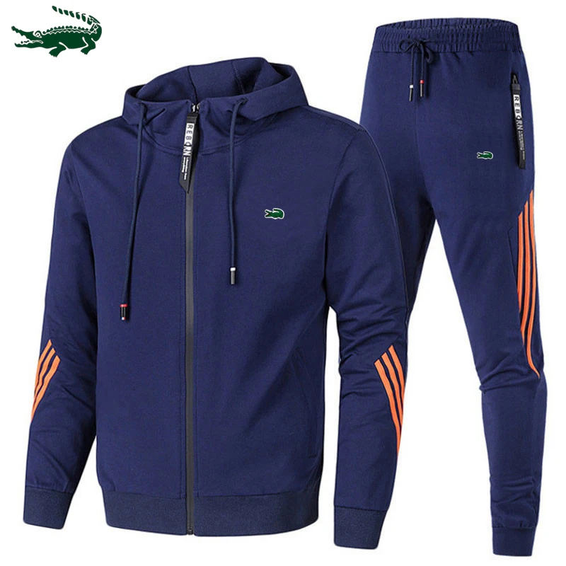 2023 autumn and winter new men's hooded  lattice coat+casual sports pants set S-3XL