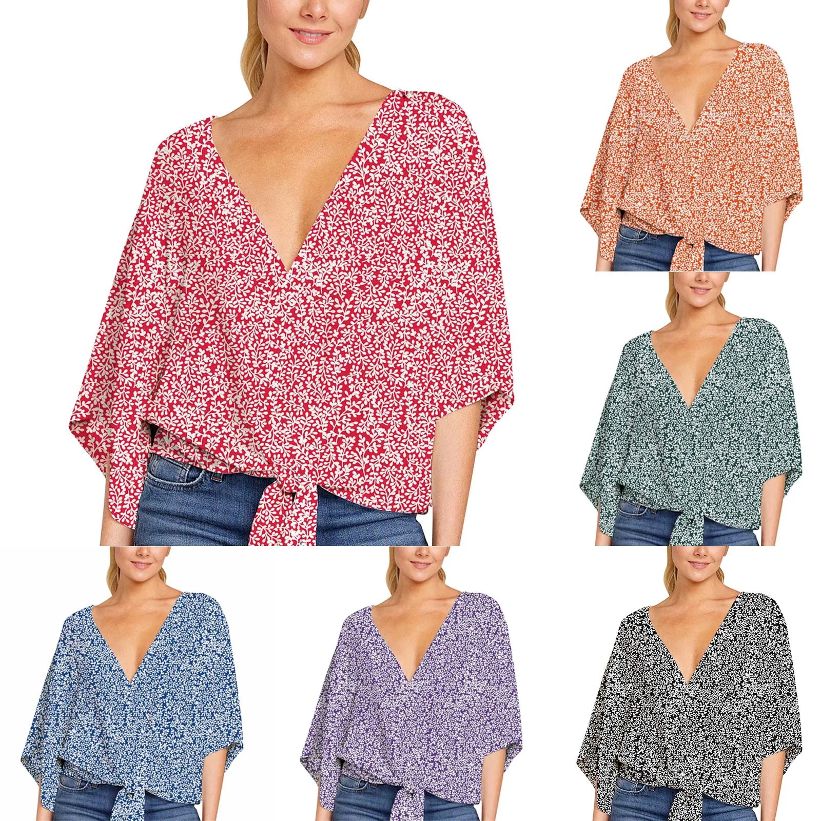 

Женская компрессионная рубашка с бантом, V-образным вырезом и коротким рукавом «летучая мышь»