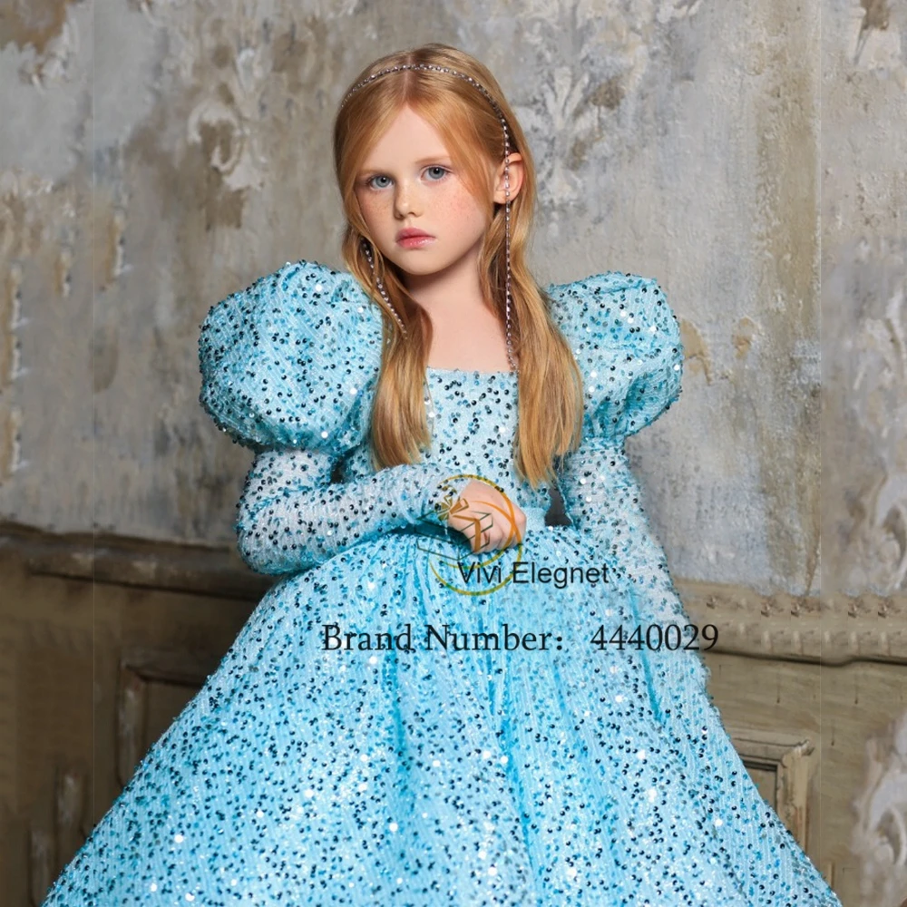 

Cute Full Sleeve Sequined Flower Girl Dresses Square Collar A Line 2023 Winter Christening Girl Dress Christmas Gown New فساتين