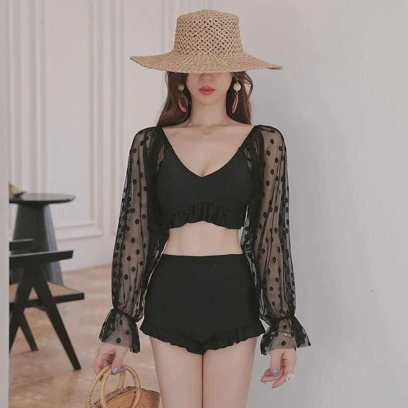 

Swimsuit Womens Covering Belly Thin Conservative Black Split Korean Style Sexy