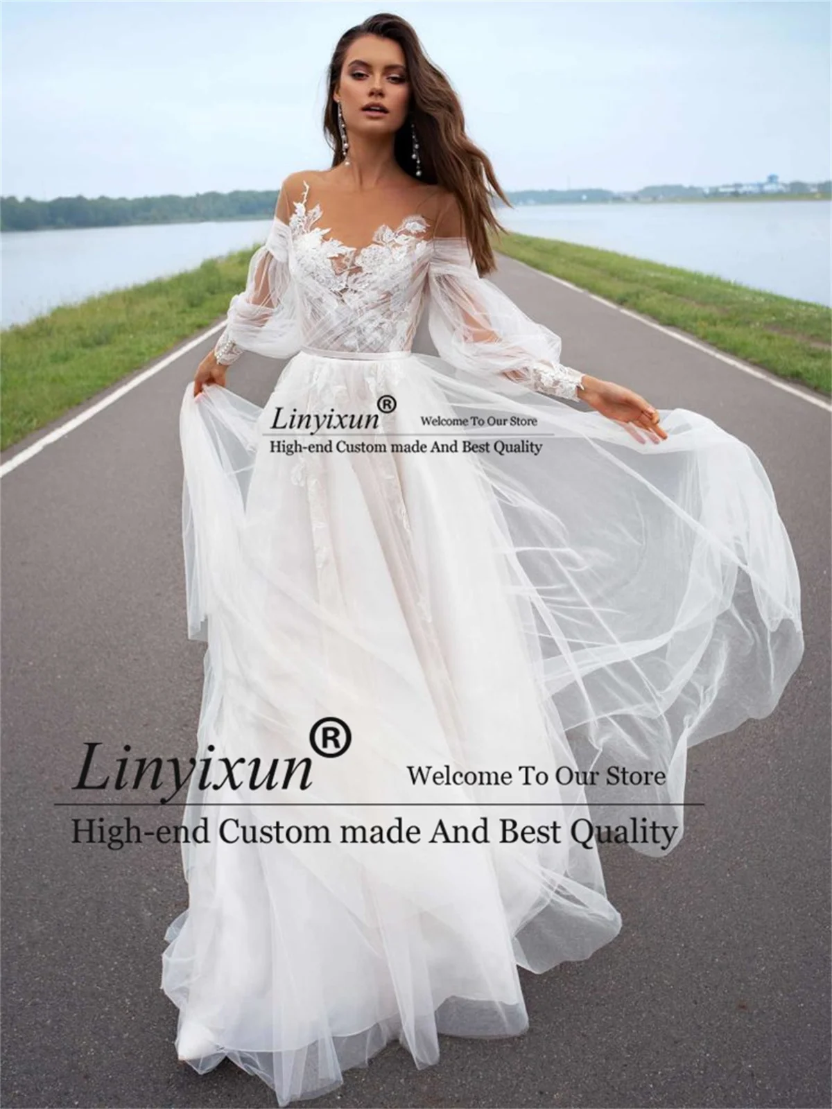 

Boho V-Neck Wedding Dress Vintage Long Sleeve Tulle Floor Length Bridal Gowns Appliques Lace Court Train Beach vestido de novia