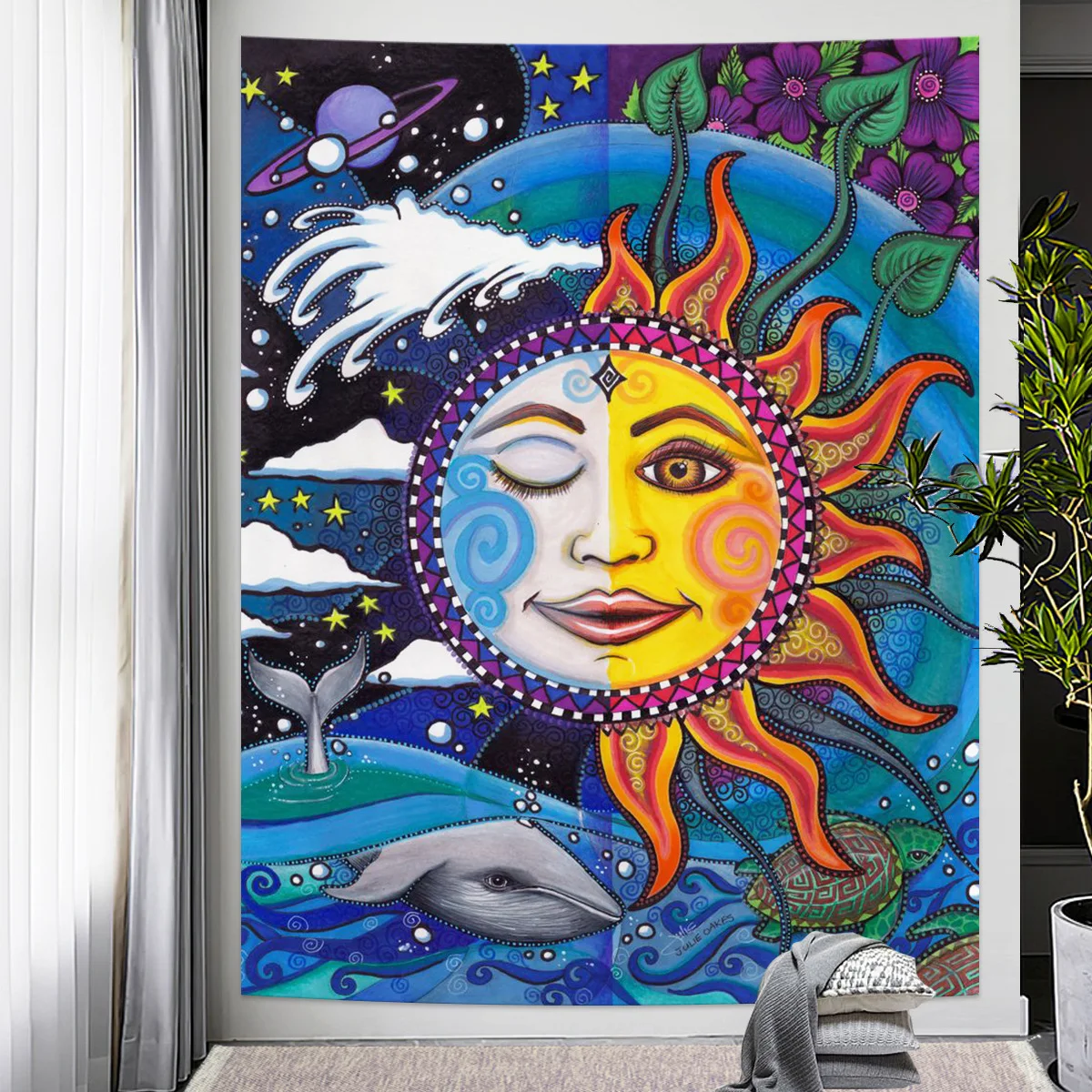 

Burning Sun Cartoon Tapestry Colorful Moon and Sun Table Cloth Wall Hanging Hippie Home Decor Blanket Bedroom Curtains Bed Cover