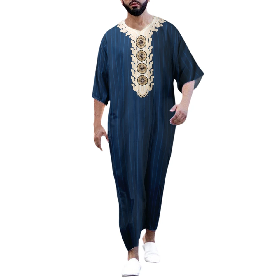 Muslim Robes Men Islamic Clothing Print Dress Kaftan Traditional Ethnic Middle East Jubba Thobe Kurta Arab Abaya Turkish Dubai