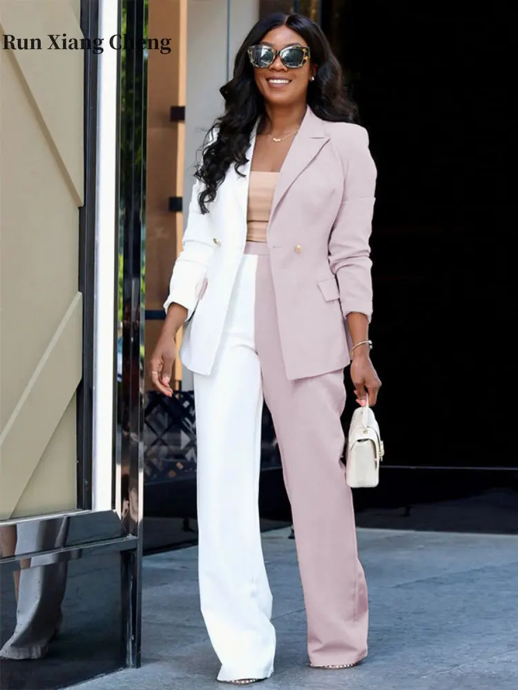 Women's Suit 2023 New Color-blocking Simple Fashion Long Sleeve Top Blazer Casual Pants Chic and Elegant Set Woman 2 Pieces