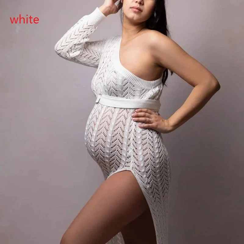 Maternity Photography Dress Sexy High Slit Knitted Dress One Shoulder Long Skirt Photo Shoot Photography Dress For Women enlarge