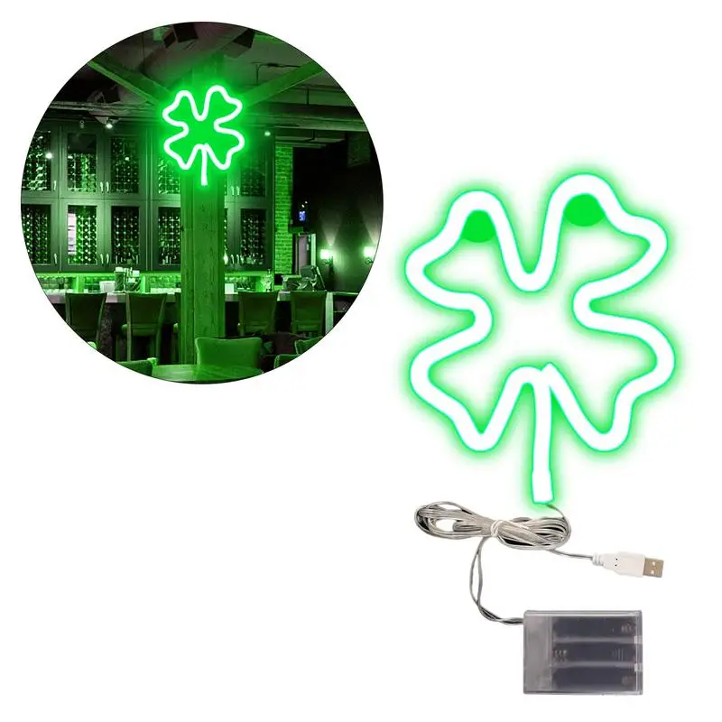 

Неоновая светосветильник вывеска в виде клевера для украшения стен, яркая светодиодная неоновая трава на удачу, с аккумулятором или питанием от USB, украшение на День Святого Патрика