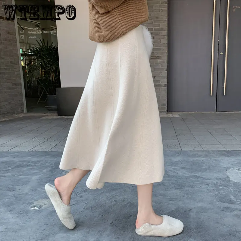 

WTEMPO Women's Knitting Skirts Women Long Casual Warm Autumn Winter Solid Mid-length A-line Elegant All-match High Street Skirt